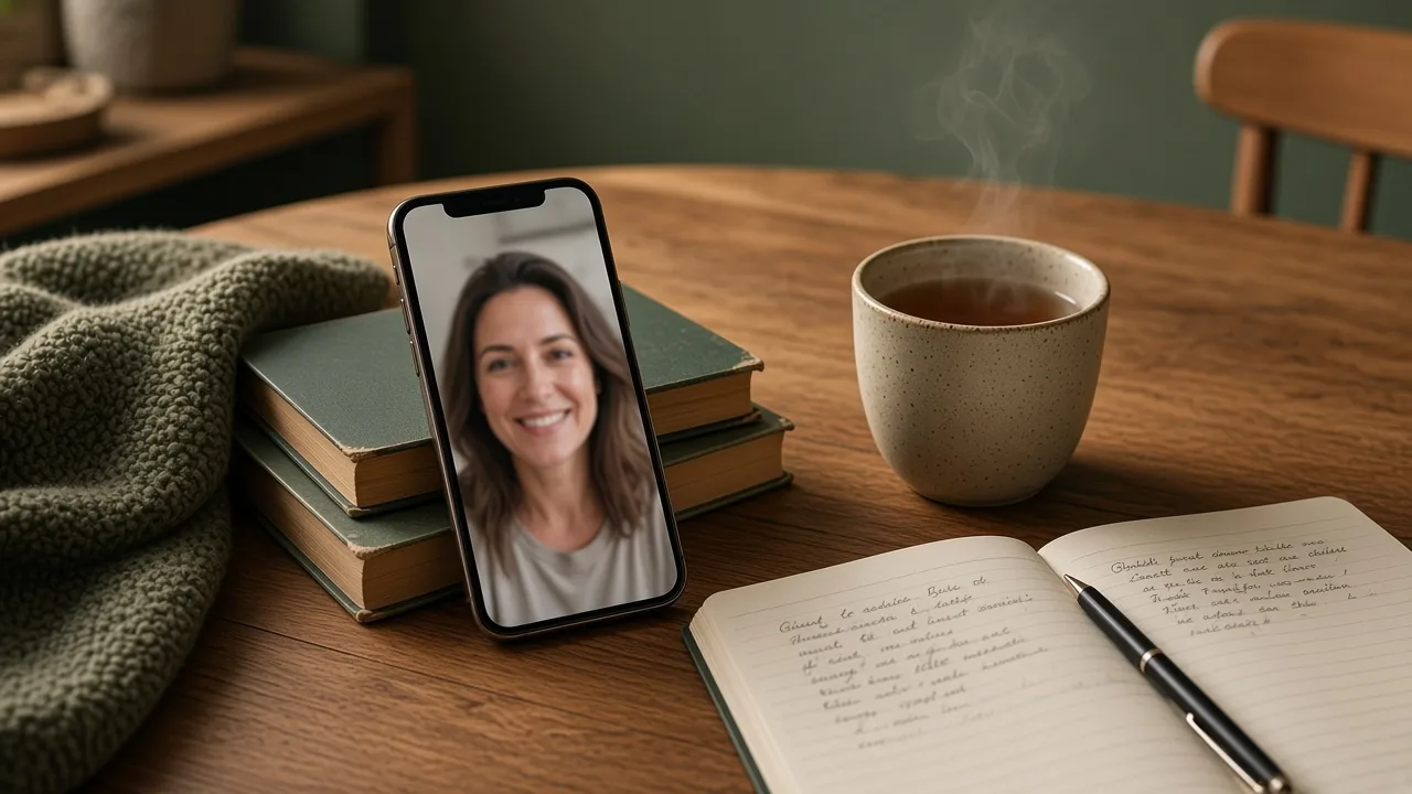 Smartphone mit Videoanruf, Notizbuch und Teetasse auf einem Holztisch am Abend