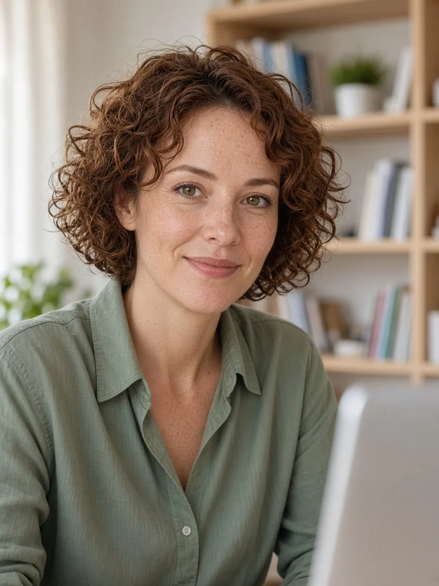 Tutorin mit lockigem Haar sitzt am Laptop in einem hellen Zimmer mit Bücherregal